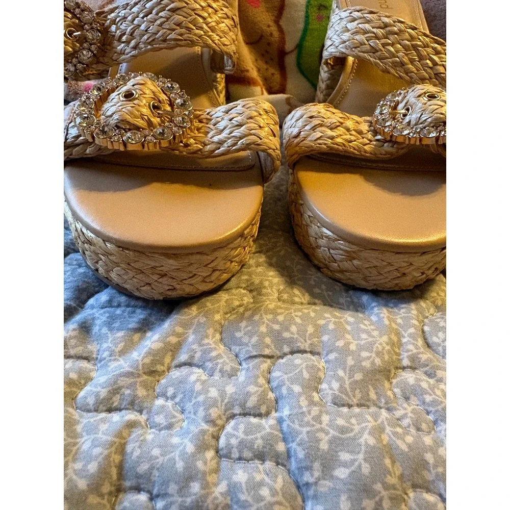 Abound Ronda Natural Raffia Crystal Buckle Platform Block Heel Sandals Womens 10